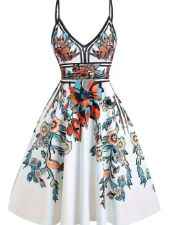 New Retro Stage [Plus Size] 1950s Floral Spaghetti Straps Dress Multicolor