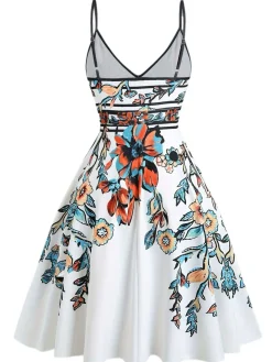 New Retro Stage [Plus Size] 1950s Floral Spaghetti Straps Dress Multicolor