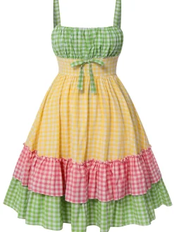 Fashion Retro Stage [Plus Size] 1950s Pure Cotton Straps Plaid Dress Multicolor