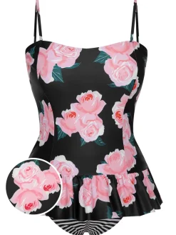 Discount Retro Stage [Plus Size] 1930s Ruffled Hem Printed Swimsuit Multicolor