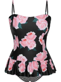 Discount Retro Stage [Plus Size] 1930s Ruffled Hem Printed Swimsuit Multicolor
