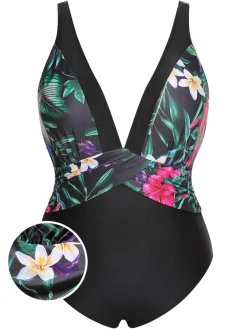 Fashion Retro Stage [Plus Size] 1960s V-Neck U-Back Swimsuit Multicolor