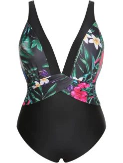 Fashion Retro Stage [Plus Size] 1960s V-Neck U-Back Swimsuit Multicolor