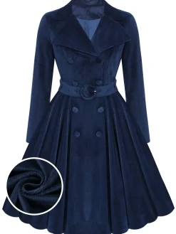 New Retro Stage [Plus Size] 1950s Corduroy Long Coat Navy Blue