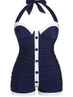 Online Retro Stage [Plus Size] 1950s Pleated Halter Swimsuit Navy Blue