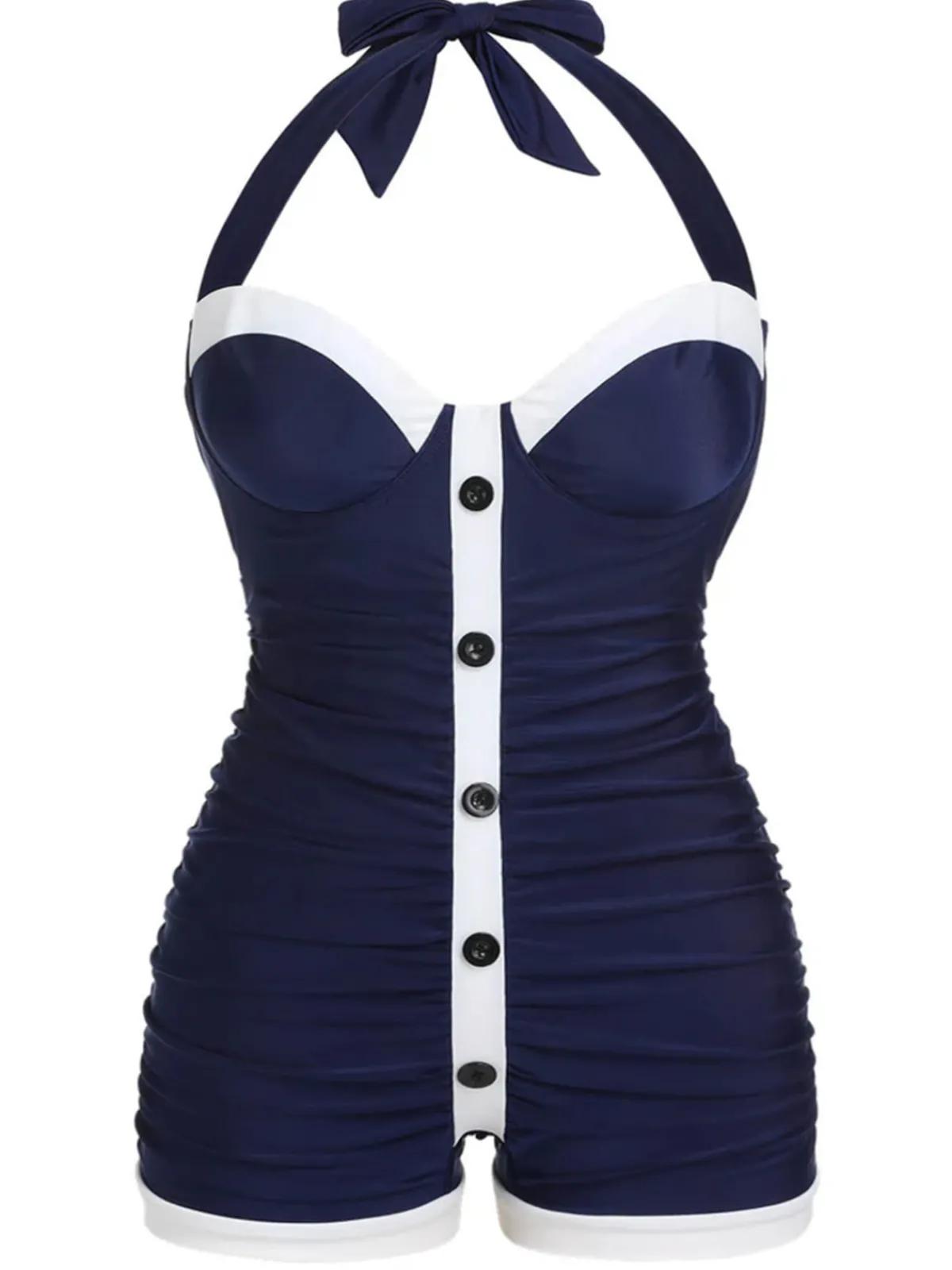 Online Retro Stage [Plus Size] 1950s Pleated Halter Swimsuit Navy Blue