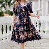 Clearance Retro Stage [Plus Size] Navy Blue 1950s V-Neck Floral Dress