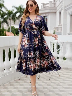 Clearance Retro Stage [Plus Size] Navy Blue 1950s V-Neck Floral Dress