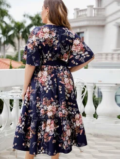 Clearance Retro Stage [Plus Size] Navy Blue 1950s V-Neck Floral Dress