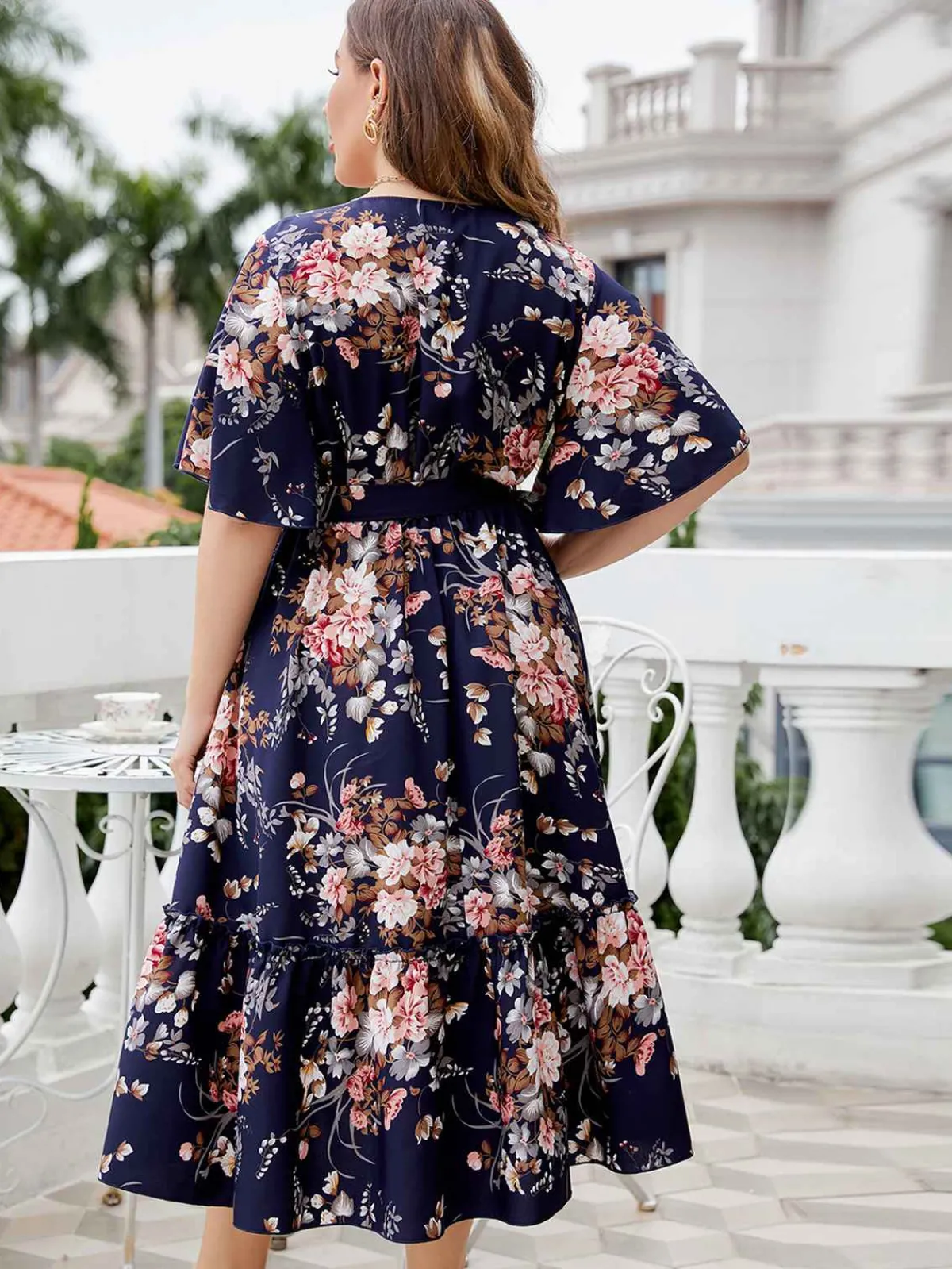 Clearance Retro Stage [Plus Size] Navy Blue 1950s V-Neck Floral Dress