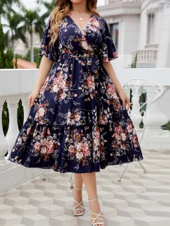 Clearance Retro Stage [Plus Size] Navy Blue 1950s V-Neck Floral Dress