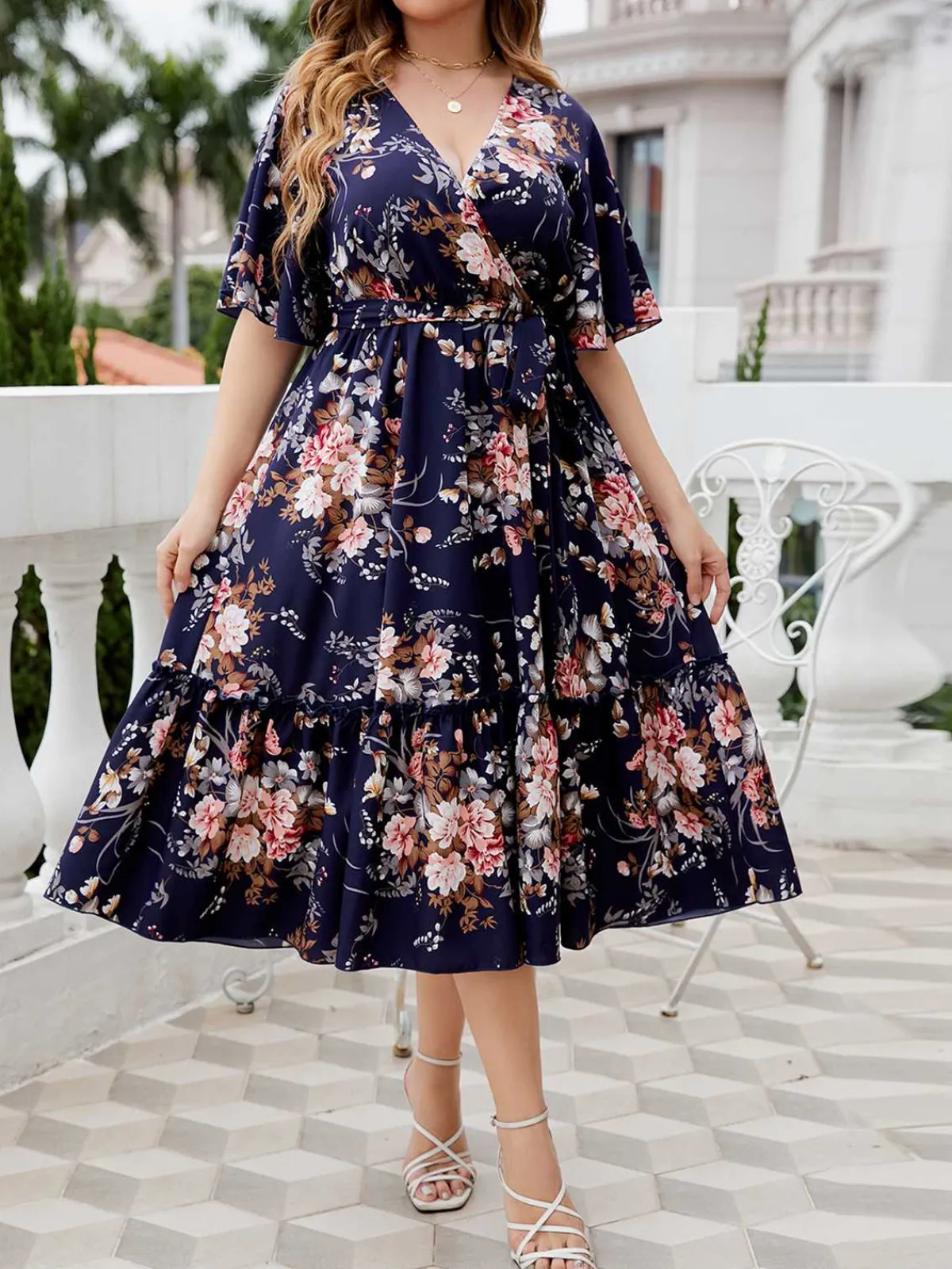 Clearance Retro Stage [Plus Size] Navy Blue 1950s V-Neck Floral Dress