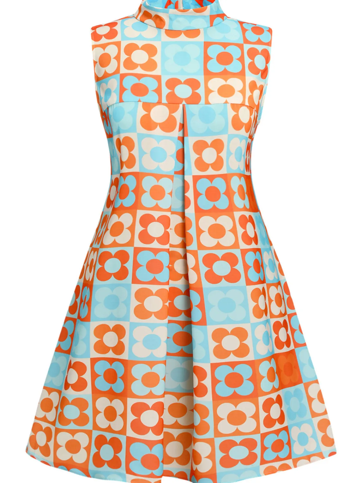 Fashion Retro Stage [Plus Size] 1960s Floral Stand Collar Dress Orange & Blue