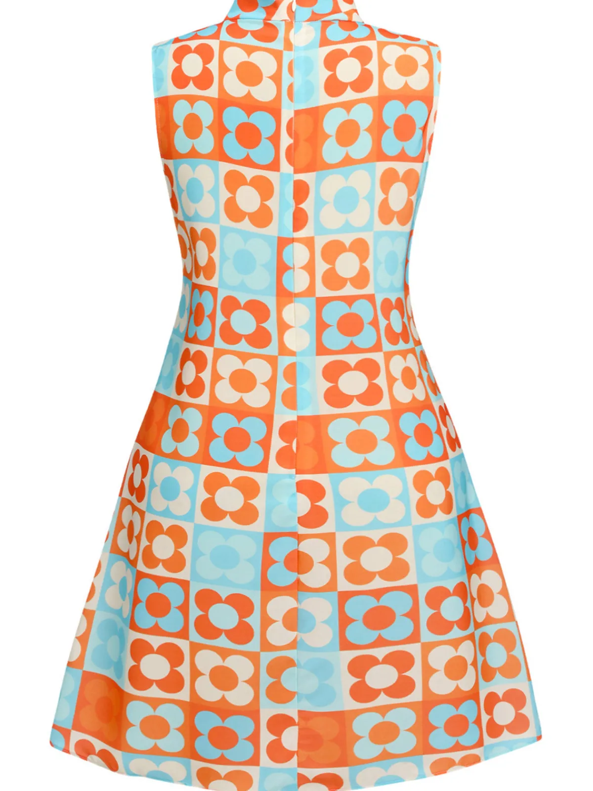 Fashion Retro Stage [Plus Size] 1960s Floral Stand Collar Dress Orange & Blue