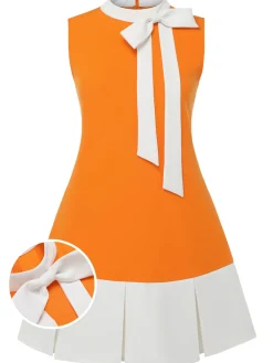 Online Retro Stage [Plus Size] 1960s Bow Patchwork Sleeveless Dress Orange