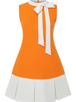 Online Retro Stage [Plus Size] 1960s Bow Patchwork Sleeveless Dress Orange
