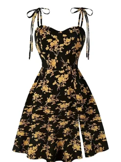 Online Retro Stage [Plus Size] 1940s Ditsy Floral Spaghetti Strap Lace-Up Dress Orange