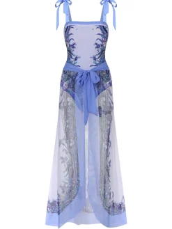 Sale Retro Stage [Plus Size] 2PCS 1960s Shoulder Straps Plant Swimsuit & Cover Up Multicolor