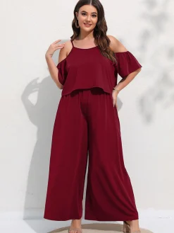 Outlet Retro Stage [Plus Size] 2PCS 1960s Cold Shoulder Top & Pants Wine Red