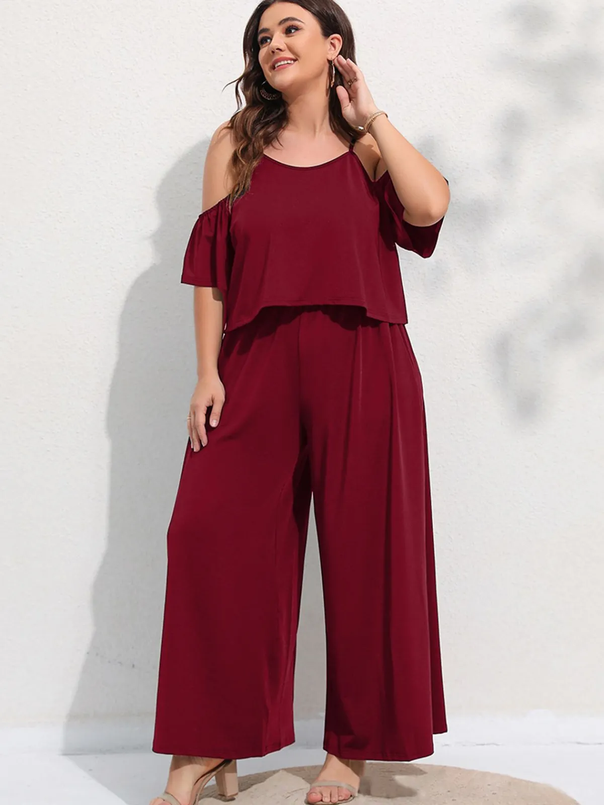 Outlet Retro Stage [Plus Size] 2PCS 1960s Cold Shoulder Top & Pants Wine Red