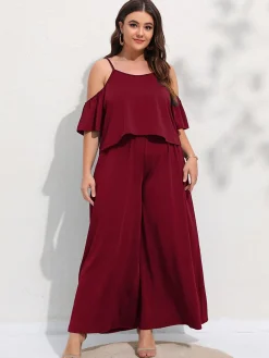 Outlet Retro Stage [Plus Size] 2PCS 1960s Cold Shoulder Top & Pants Wine Red