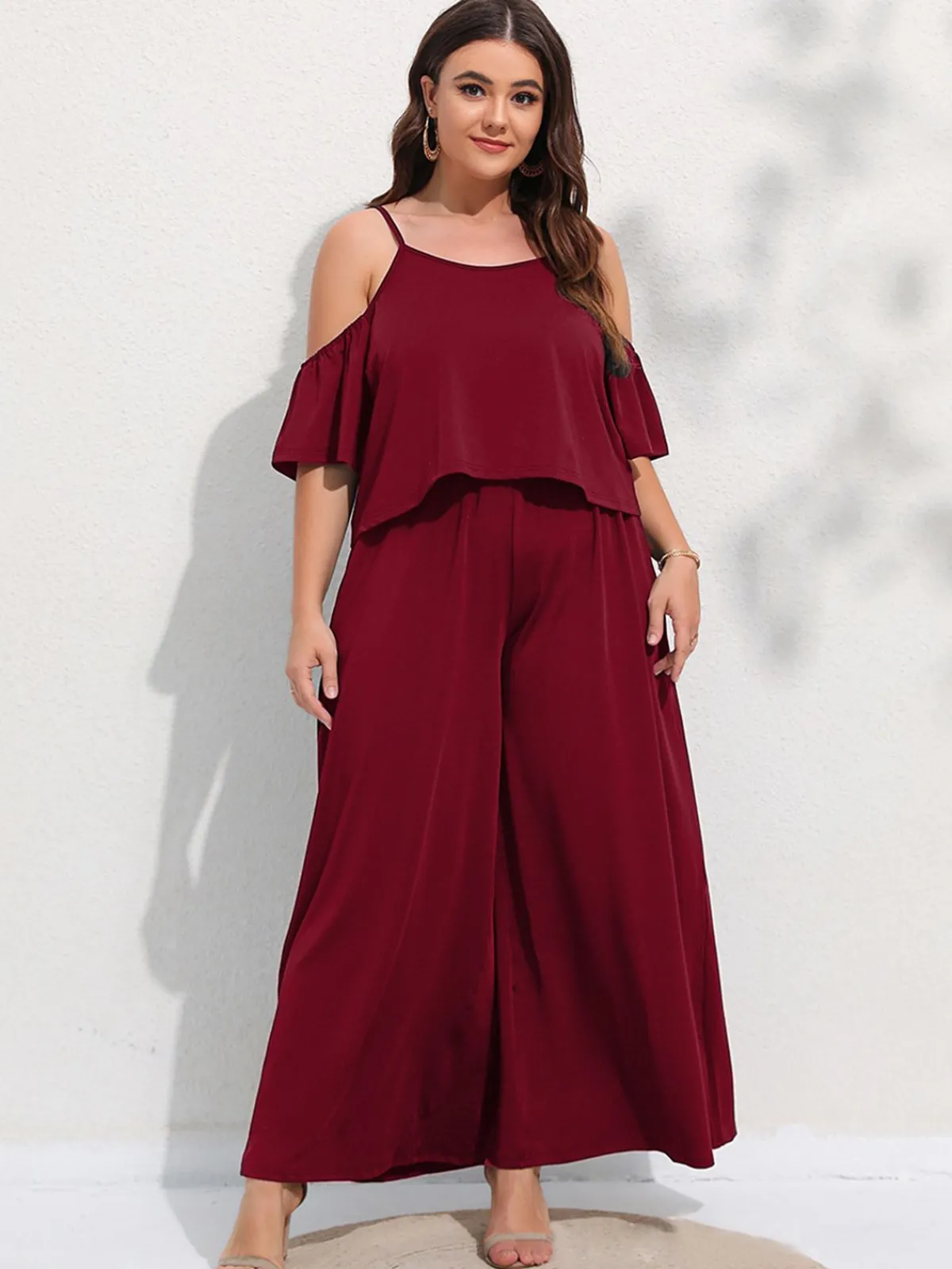 Outlet Retro Stage [Plus Size] 2PCS 1960s Cold Shoulder Top & Pants Wine Red