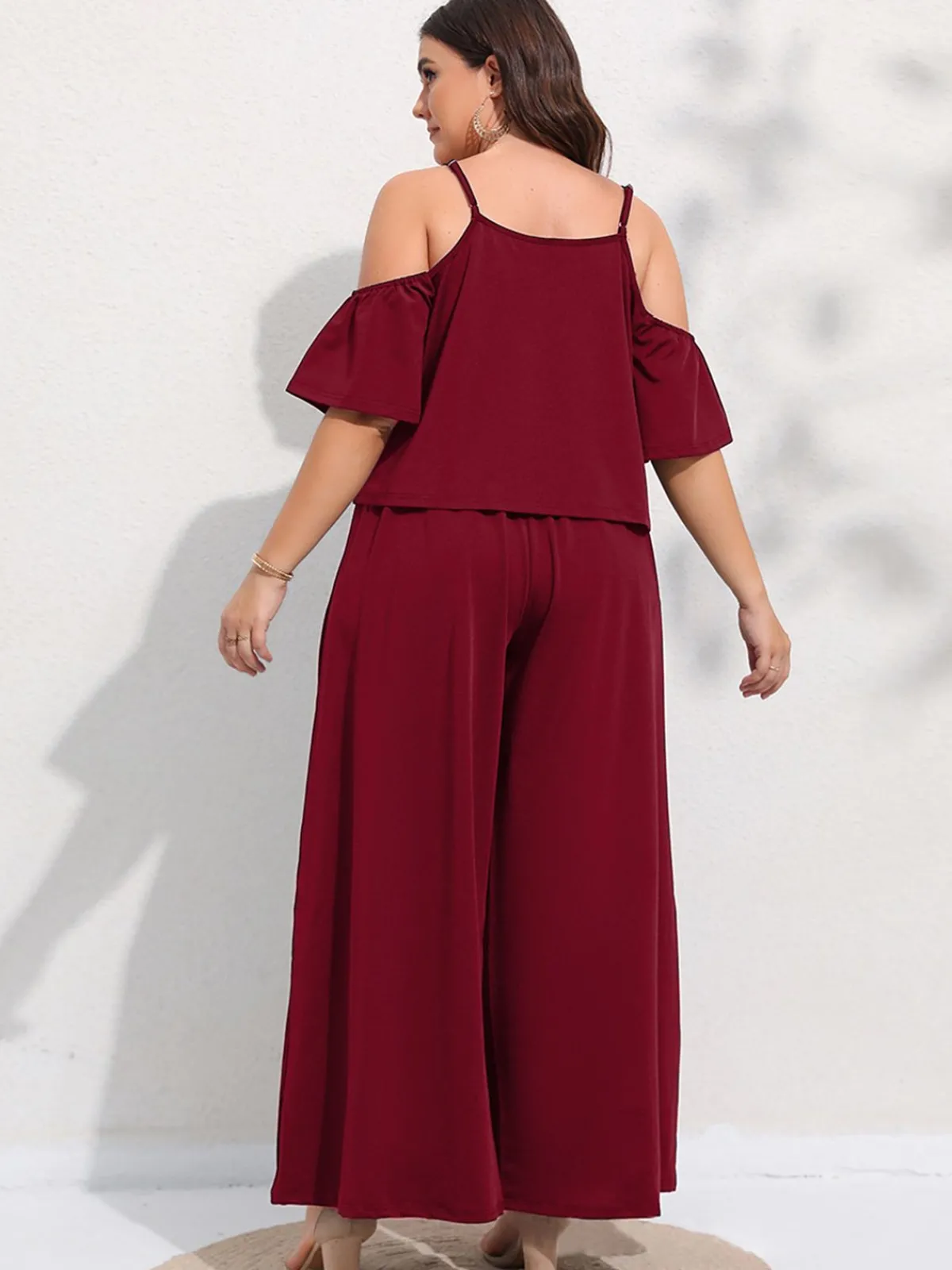 Outlet Retro Stage [Plus Size] 2PCS 1960s Cold Shoulder Top & Pants Wine Red