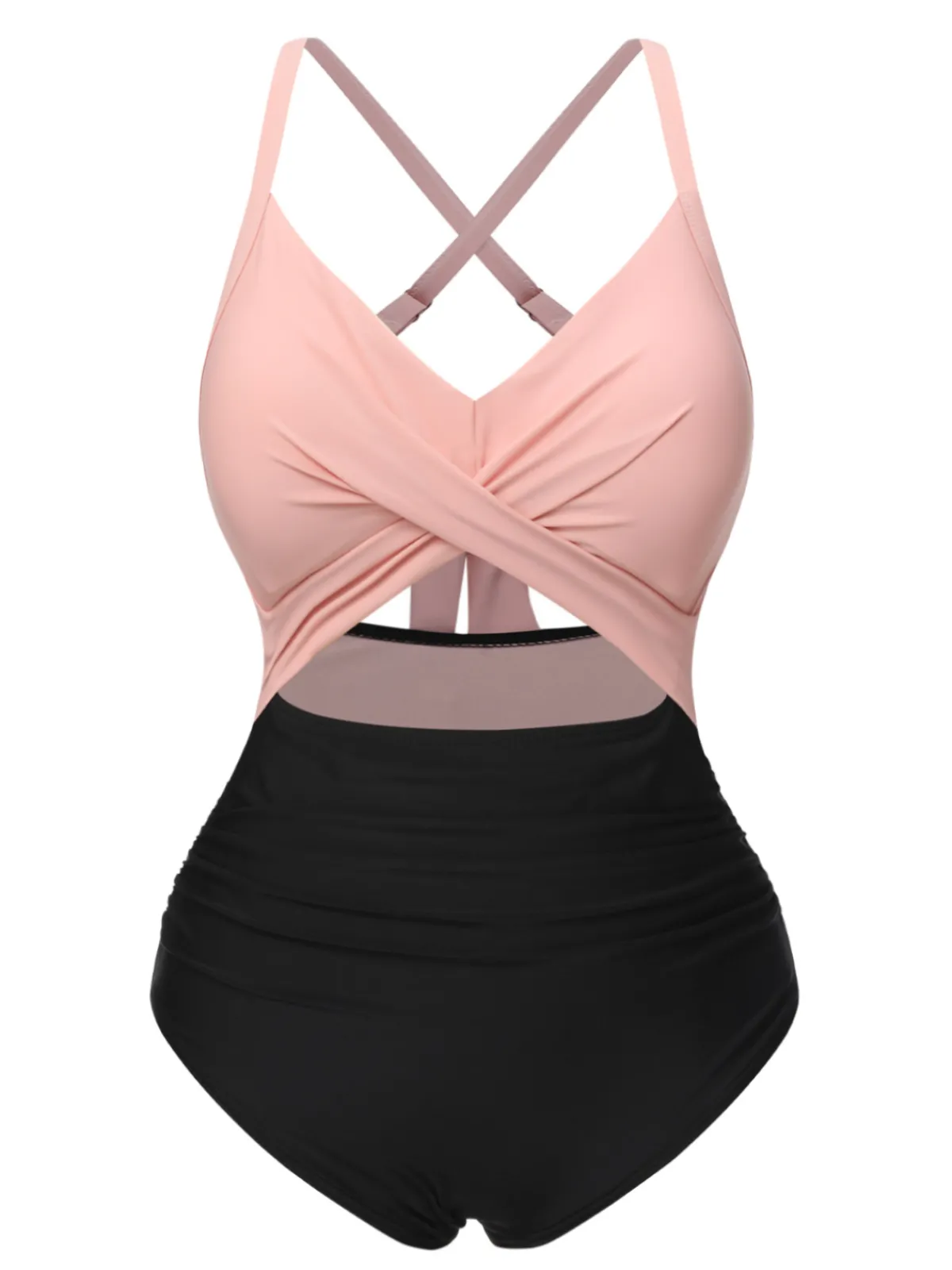 Sale Retro Stage [Plus Size] 1940s Hollow Waist Patchwork Swimsuit Pink & Black