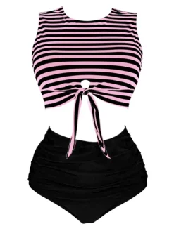 Clearance Retro Stage [Plus Size] 1970s Striped Waist Tie Patchwork Swimsuit Pink & Black