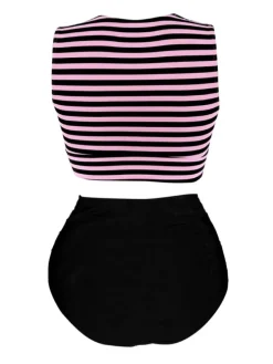 Clearance Retro Stage [Plus Size] 1970s Striped Waist Tie Patchwork Swimsuit Pink & Black
