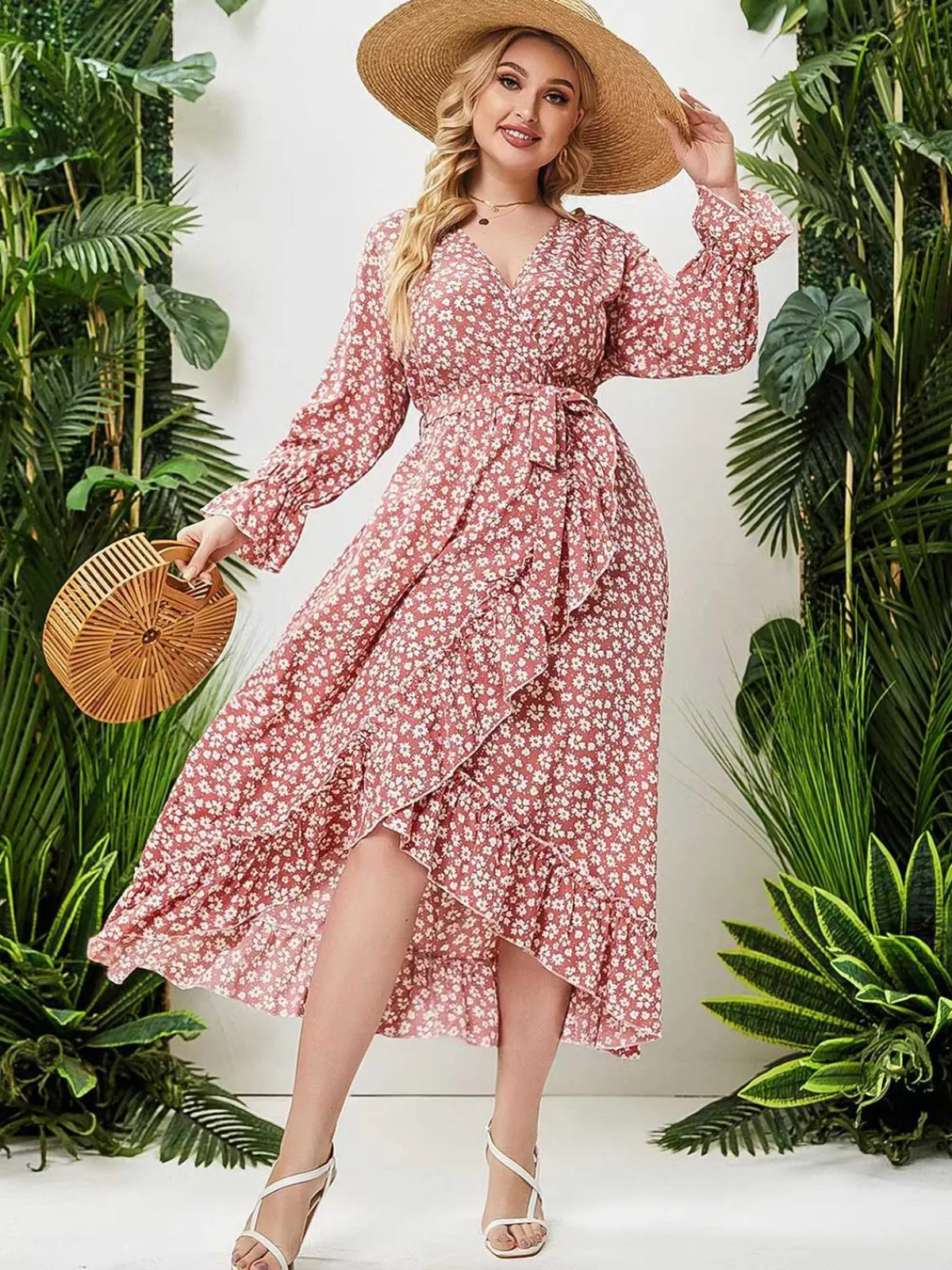 Fashion Retro Stage [Plus Size] 1930s Boho Daisy Ruffles Hem Dress Pink