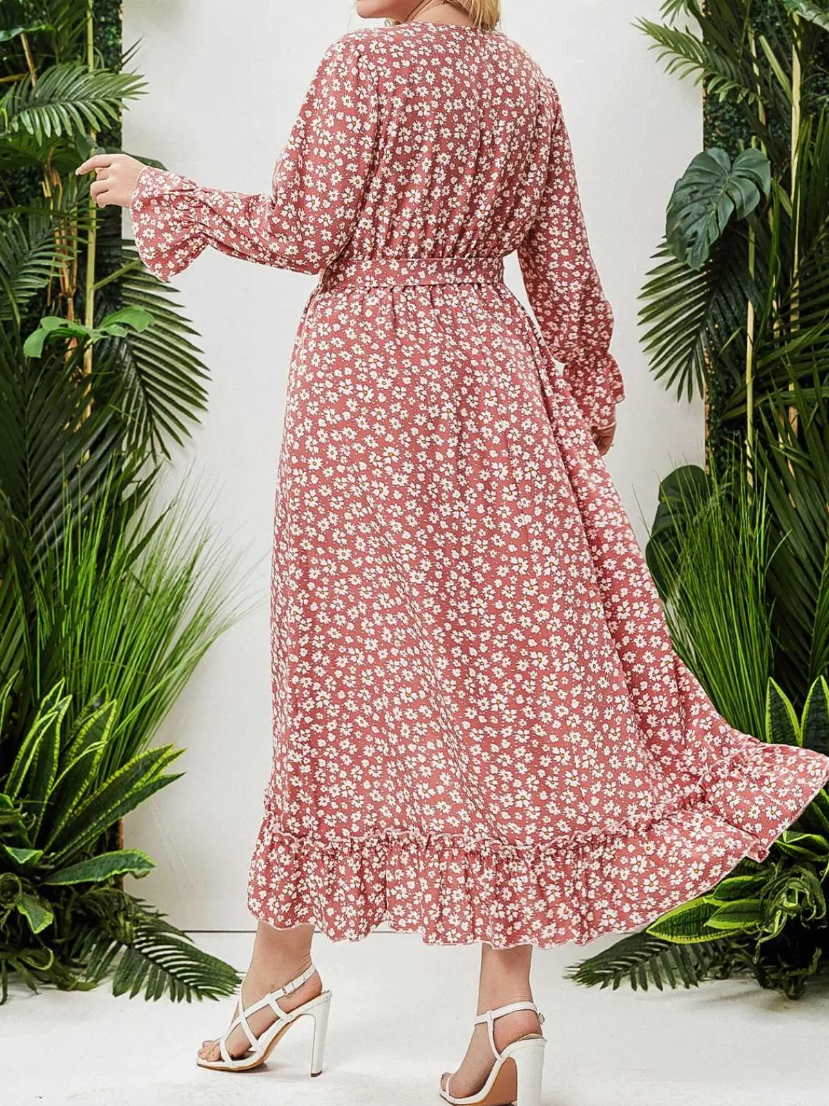 Fashion Retro Stage [Plus Size] 1930s Boho Daisy Ruffles Hem Dress Pink