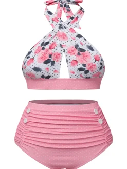 Outlet Retro Stage [Plus Size] 1940s Floral Cross Halter Swimsuit Pink