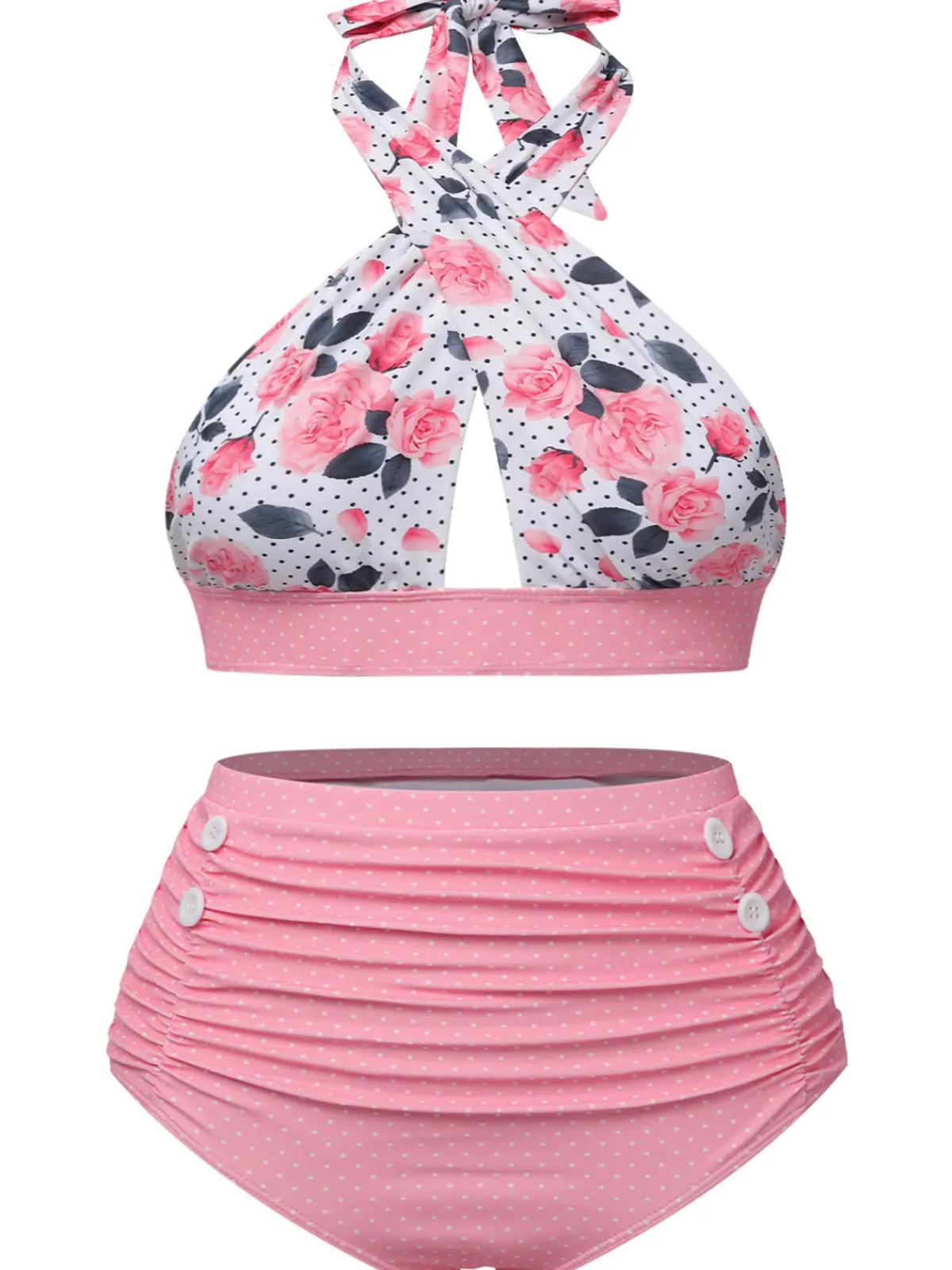 Outlet Retro Stage [Plus Size] 1940s Floral Cross Halter Swimsuit Pink