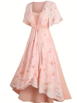 Sale Retro Stage [Plus Size] 1970s Floral Ruffled Irregular Hem Dress Pink