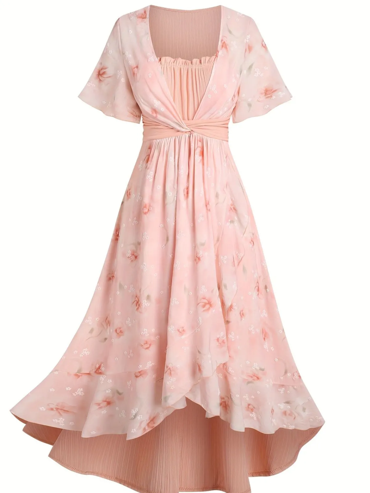 Sale Retro Stage [Plus Size] 1970s Floral Ruffled Irregular Hem Dress Pink