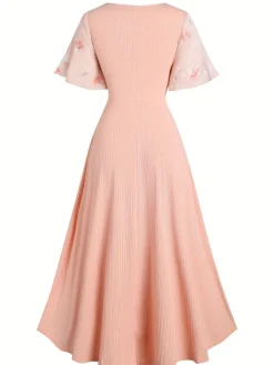 Sale Retro Stage [Plus Size] 1970s Floral Ruffled Irregular Hem Dress Pink