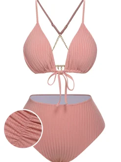 Best Retro Stage [Plus Size] 1950s Solid Pleated Bikini Set Pink