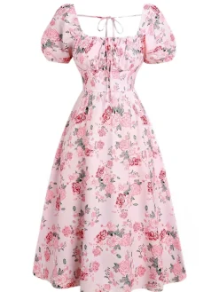 Sale Retro Stage [Plus Size] 1950s Square Neck Floral Dress Pink