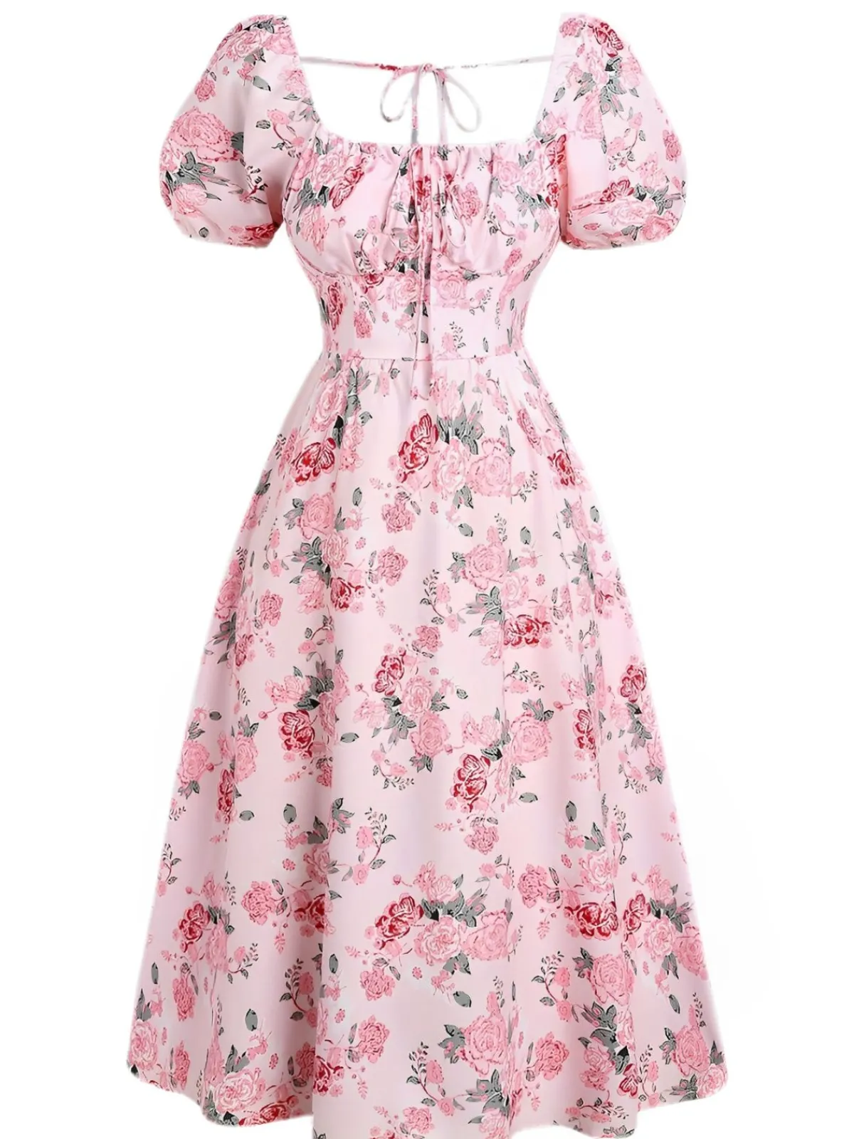 Sale Retro Stage [Plus Size] 1950s Square Neck Floral Dress Pink