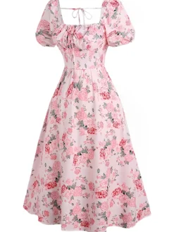 Sale Retro Stage [Plus Size] 1950s Square Neck Floral Dress Pink