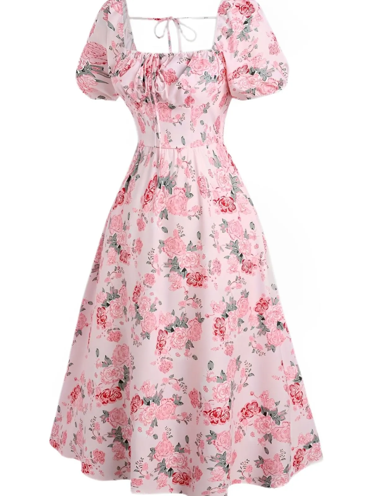 Sale Retro Stage [Plus Size] 1950s Square Neck Floral Dress Pink