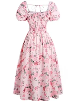 Sale Retro Stage [Plus Size] 1950s Square Neck Floral Dress Pink