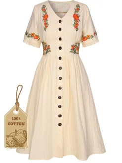 Sale Retro Stage [Plus Size] Pure Cotton 1940s V-Neck Floral Dress Beige