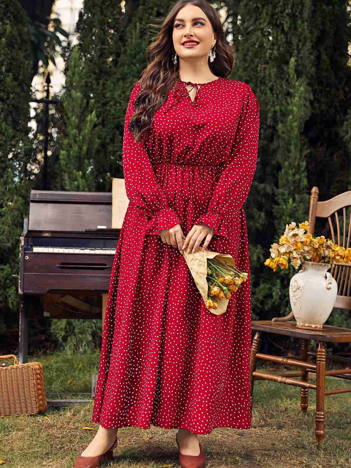 Fashion Retro Stage [Plus Size] 1950s Bishop Polka Dots Dress Red