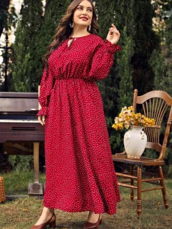 Fashion Retro Stage [Plus Size] 1950s Bishop Polka Dots Dress Red