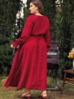 Fashion Retro Stage [Plus Size] 1950s Bishop Polka Dots Dress Red