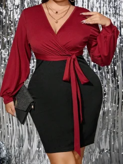 Fashion Retro Stage [Plus Size] 1960s Deep V-Neck Patchwork Dress Red