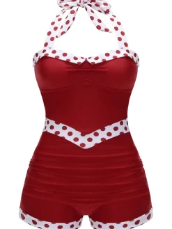 Online Retro Stage [Plus Size] Red 1940s Dots Patchwork Halter Swimsuit Wine Red