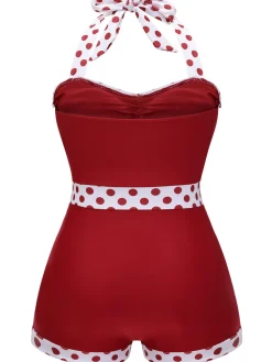 Online Retro Stage [Plus Size] Red 1940s Dots Patchwork Halter Swimsuit Wine Red